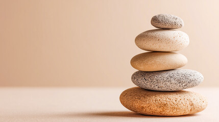 Stack of smooth pebbles balanced on a beige surface.