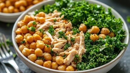 Healthy protein bowl with shredded turkey, kale, and chickpeas, fitness meal plan generative ai