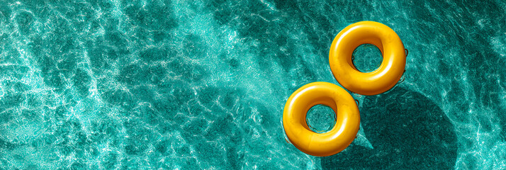 Two yellow pool floats drifting on clear blue water.