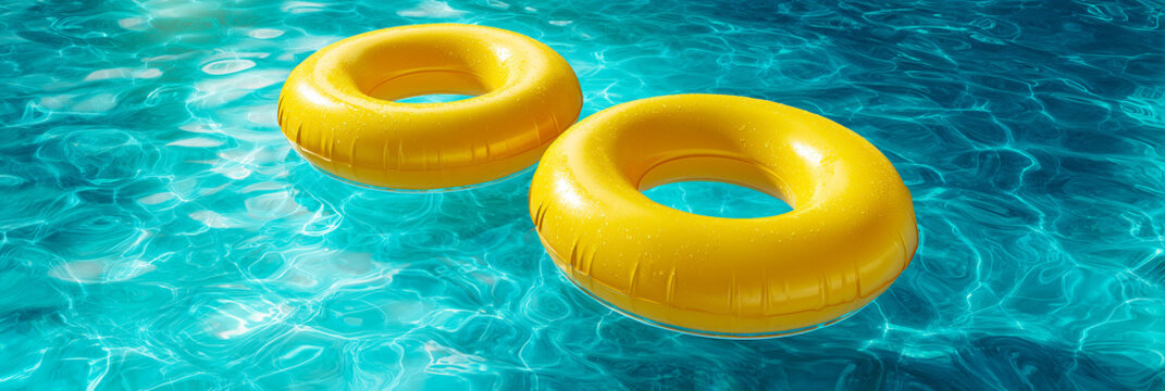 Two yellow pool floats drifting on clear blue water.