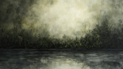A misty, shadowy landscape reflecting on a still body of water.