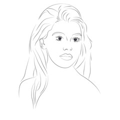 This is a minimalist black and white line drawing depicting the head and shoulders of a woman. Her long hair frames her face, highlighting her detailed eyes and lips, conveying a serene and elegant ex