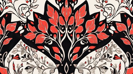 Ornate floral pattern in red, black, and cream colors.