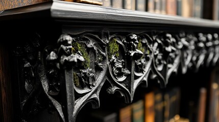 Ornate gothic black shelf detail with moss.