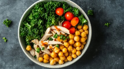 Healthy protein bowl with shredded turkey, kale, and chickpeas, fitness meal plan generative ai