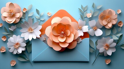 Delightful floral paper cutout composition featuring an orange envelope and delicate flower arrangements photo