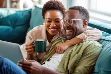 Happy couple relaxing on a couch using a laptop together