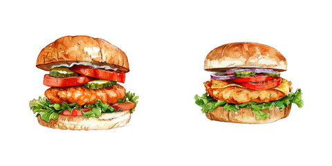 chicken burger watercolor vector illustration