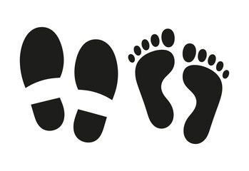 Black silhouette of shoe prints and bare footprints on a white background
