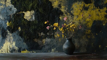 Dried flowers in a dark vase against a textured wall.