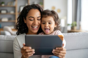 Happy mother and daughter looking at a tablet together on the sofa