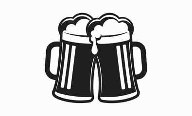 Two beer mug silhouette, cheers vector icon isolated on white background, beverage celebration silhouette, black white illustration







