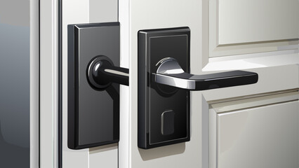 Close up of a matte black door lever handle attached to a modern minimalist white door The simple sleek design of the hardware contrasts against the clean contemporary look of the