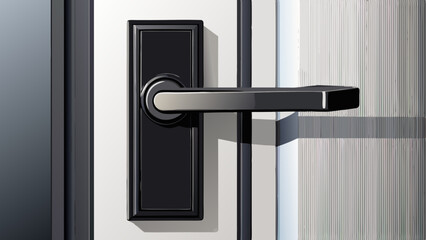 Close up of a matte black door lever handle attached to a modern minimalist white door The simple sleek design of the hardware contrasts against the clean contemporary look of the