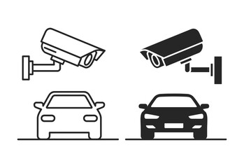Security camera monitoring a car with both line art and solid silhouette icons