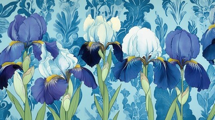 Vibrant blue and white irises on a light teal background.