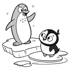  Penguin and Seal a happy baby penguin sliding on ice next to a chubby baby seal waving