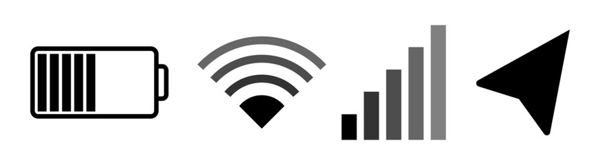 Flat minimalist icon set including battery status, WiFi signal, location pin, and mobile network signal icons in outline style. Vector EPS 10 format ideal for UI design, mobile apps, and digital commu