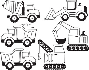 Illustrations of construction vehicles, including various dump trucks, a bulldozer, an excavator, and a crane. The simple and clean design is perfect for children's books.