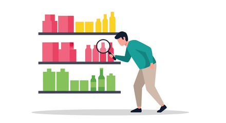Man meticulously examines products on supermarket shelves using a magnifying glass, carefully comparing various items.
