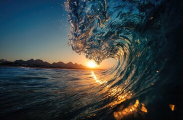 Sunset surf wave close-up