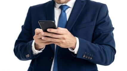 Businessman in a navy suit using a smartphone on a white background