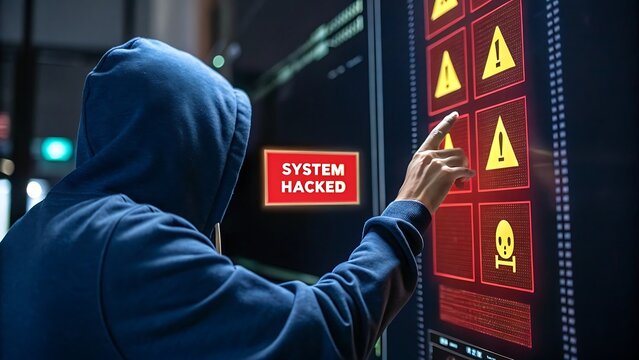 Hooded figure interacts with a screen displaying system alerts and a skull icon