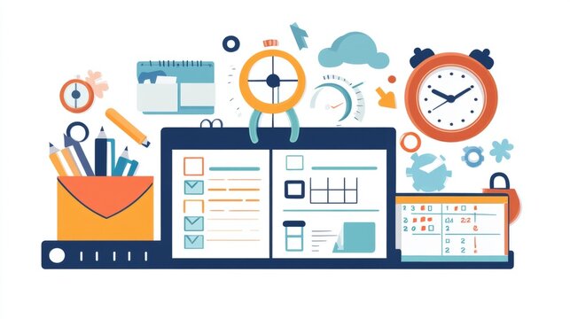 Illustrated to-do list with time slots and tasks, surrounded by clock and calendar icons, concept: time management generative ai