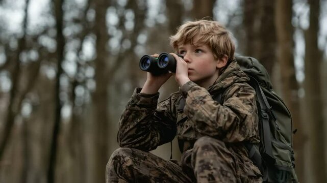 Thoughtful child with backpack using binoculars in the forest. Suitable for exploration and learning concepts. Adventure, curiosity and connection with nature.