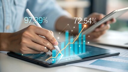 Person analyzing financial data and charts on a tablet with a stylus