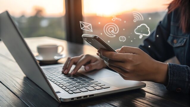 Person using smartphone and laptop with digital icons in sunset light