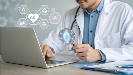 Doctor examining dna helix with magnifying glass and digital health icons