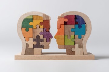 Two wooden heads, jigsaw puzzle pieces