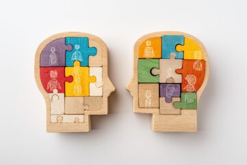 Two wooden puzzle head profiles, facing away from each other, showing internal jigsaw pieces of different colors and small person icons