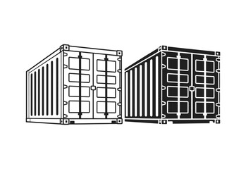 Two shipping containers one outlined and one solid black on white background