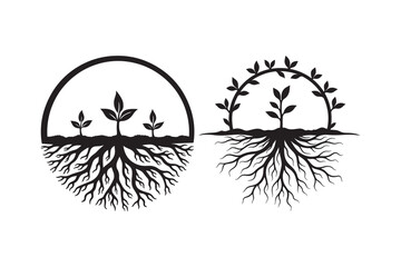 Tree Sapling with Roots Silhouette Set