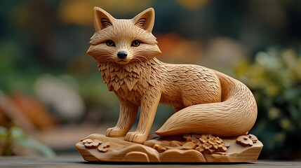 Exquisitely carved wooden fox sculpture depicting an elegant and realistic wildlife animal photo