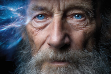Obraz premium Elderly man with striking blue eyes and gray beard gazes thoughtfully into the distance
