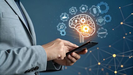 Businessman using smartphone with glowing brain and technology icons interface