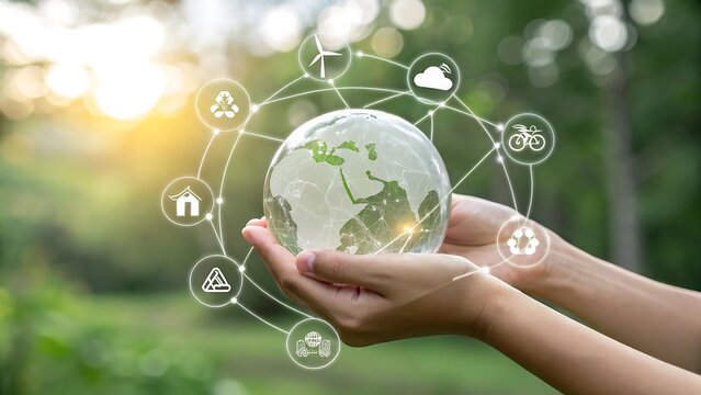 Hands holding a glowing earth connected to sustainable living icons
