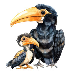 A Mother Hornbill With Her Kid, watercolor painting vector, isolated on a white background.