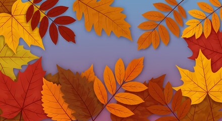 Colorful Autumn Leaves Frame on a Soft Purple Background, Vector Illustration