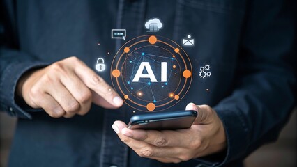 Person using smartphone with ai technology interface and digital icons