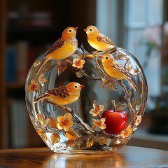 Exquisite glass sculpture featuring four birds perched on branches with blossoms and a red apple photo