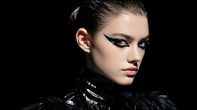 Fashion model with strong eyeliner and slicked back hair