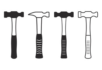 Collection of four different hammers with varied handle designs and head shapes