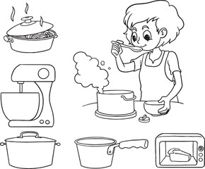Obraz premium A set of line art illustrations featuring a person cooking and various kitchen appliances and cookware, including a boiling pot of noodles, a stand mixer, a pot, a pan, and a microwave.