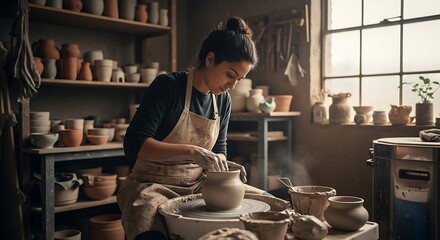 Skilled young female potter in an apron intently shaping a clay pot on a potter's wheel in a rustic, sunlit artisanal workshop surrounded by handmade ceramics.