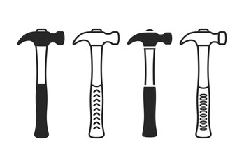 Four stylized hammers with different handle designs on a white background