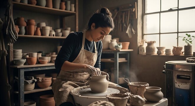 Skilled young female potter in an apron intently shaping a clay pot on a potter's wheel in a rustic, sunlit artisanal workshop surrounded by handmade ceramics. - Powered by Adobe
